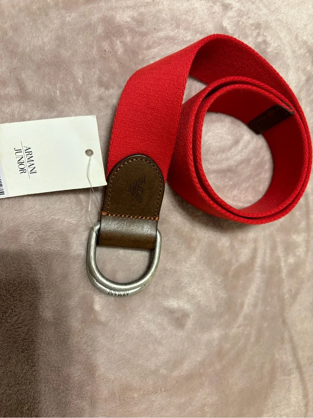 Armani Junior Red Webbing Belt with Brown Leather and Silver Rings 71 cm